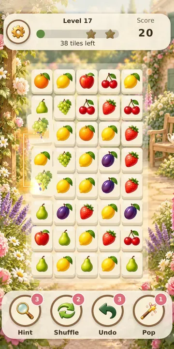 Connect Garden: a board of fruit tiles in a sunny garden, with hint, shuffle, undo and pop buttons below.