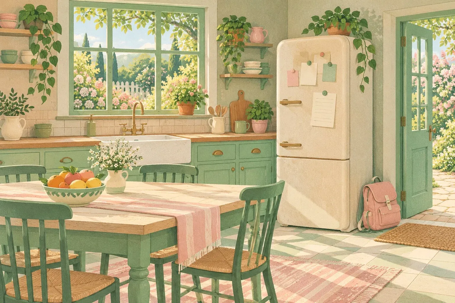 A painted postcard of a mint green family kitchen, a table with a bowl of fruit, notes on the fridge and a garden through the window.