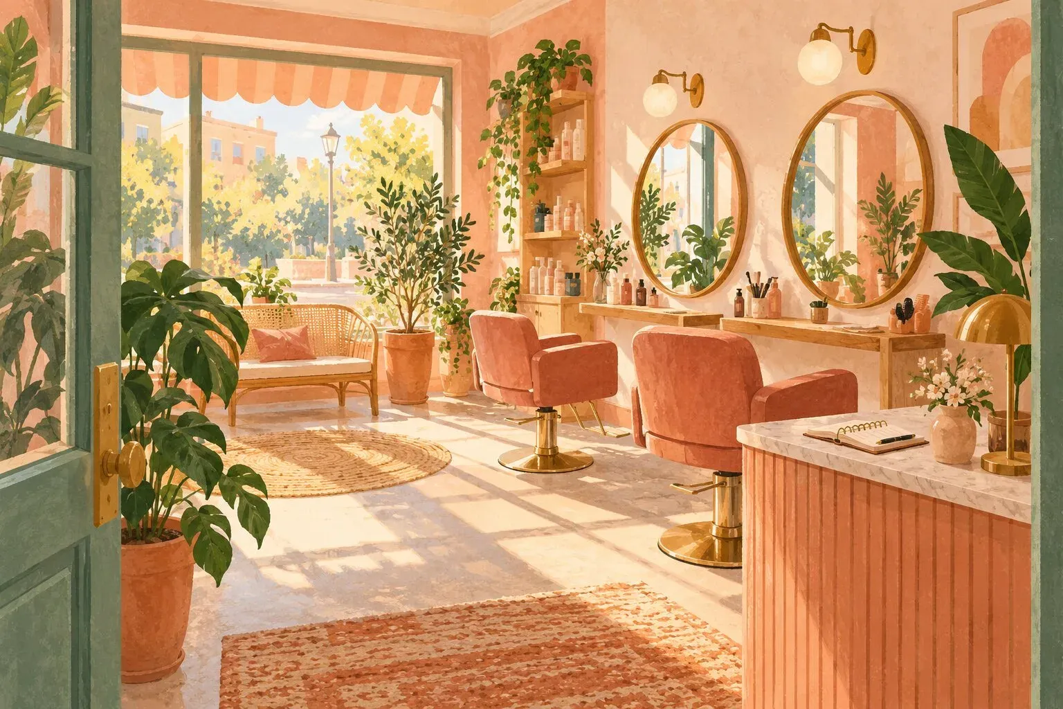 A painted postcard of a sunny pastel salon, peach chairs before round mirrors, plants, and an appointment book on the counter.