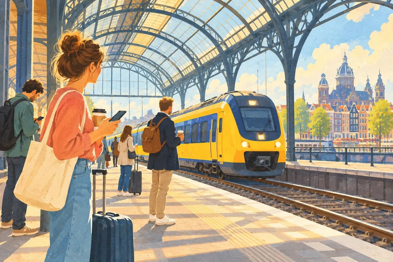 A painted postcard of a bright Dutch station hall, a yellow train at the platform and travellers looking at their phones.