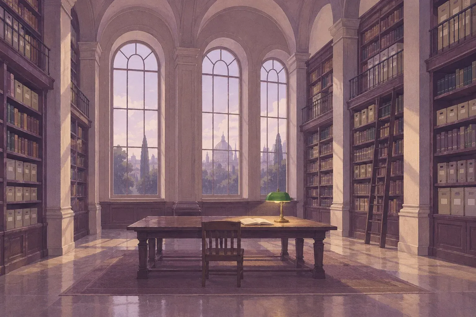 A painted postcard of a tall library reading room, arched windows, shelves to the ceiling and one green lamp on a long table.