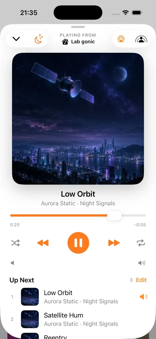 Playwave: the now playing screen, with album art, playback controls and an up next list.