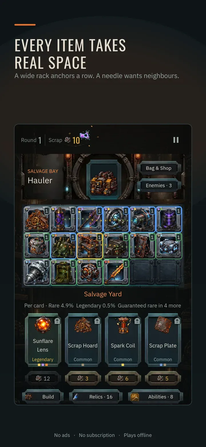 Scrap Heap: the salvage yard, a grid of scrap items with rarities and prices.