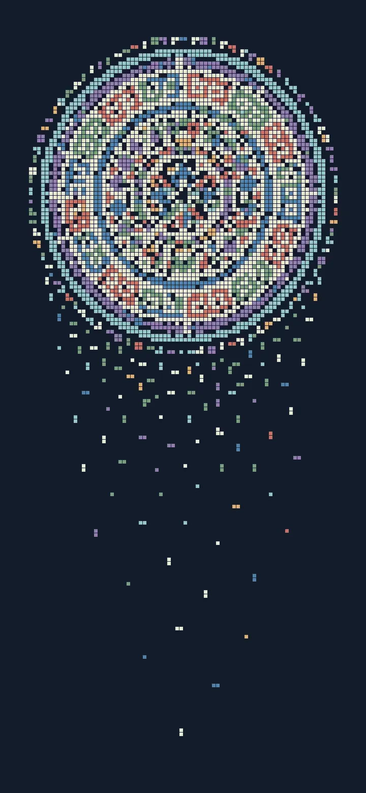 10 Million Cells: a disc of coloured cells half dug away, with loose cells falling below it.